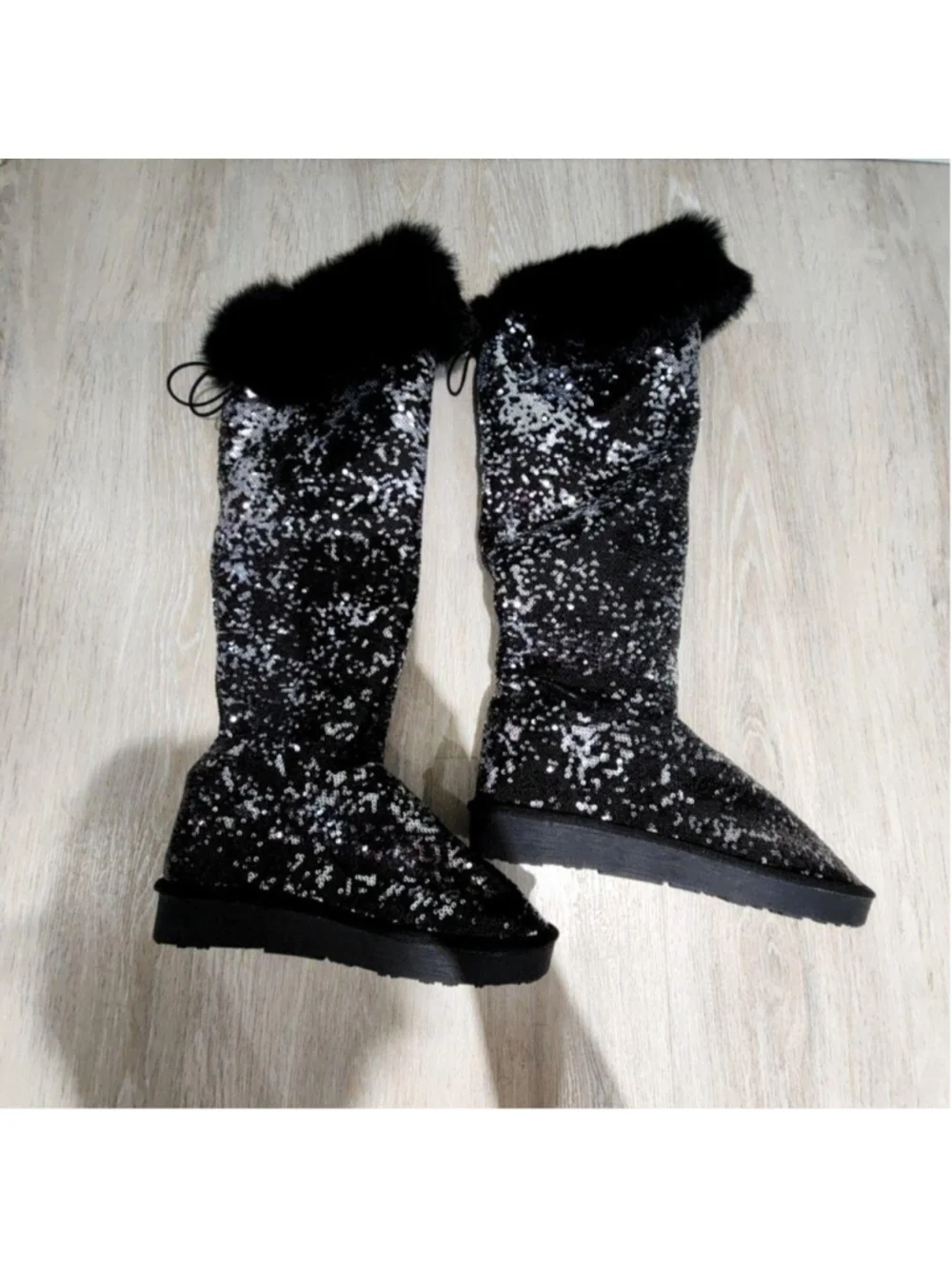 Sequin Snow Boots Womens 8 Black Over The Knee Faux Fur Wedge Winter Party